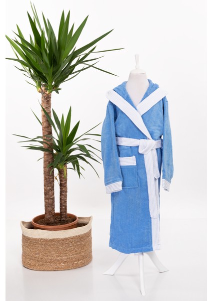 Kapşonlu Kız Erkek Lüx Kadife Çocuk Bornozu Mavi