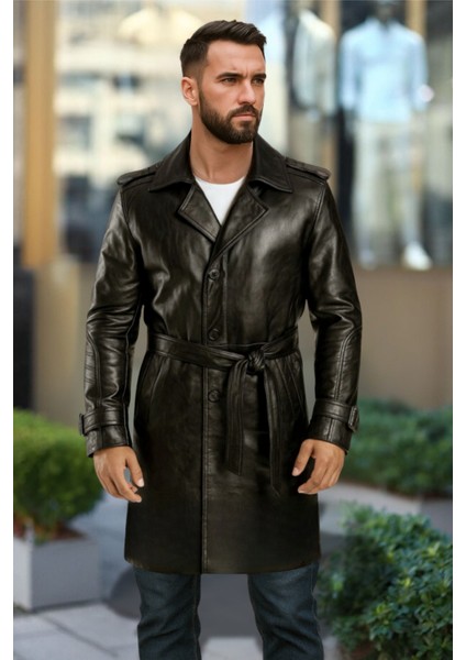 Matrix Hakiki Deri Erkek Siyah Kuşaklı Pardesü