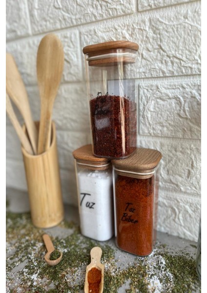 3'lü 300 ml Ahşap Kapaklı Vakumlu Şeffaf Etiketli Mika Baharatlık Takımı Saklama Kabı