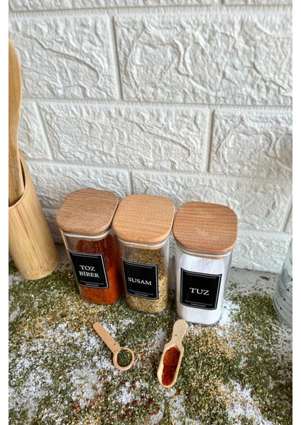 3'lü 300 ml Ahşap Kapaklı Vakumlu Etiketli Akrilik Baharatlık Takımı modelleri