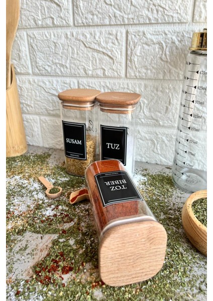 3'lü 300 ml Ahşap Kapaklı Vakumlu Etiketli Akrilik Baharatlık Takımı fırsatları