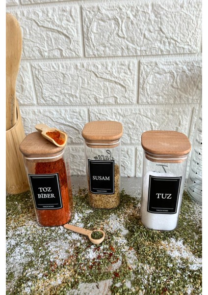 3'lü 300 ml Ahşap Kapaklı Vakumlu Etiketli Akrilik Baharatlık Takımı