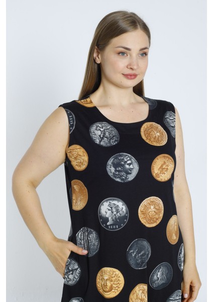 Siyah Para Desenli Askılı Cepli Pamuklu Elbise fiyatları