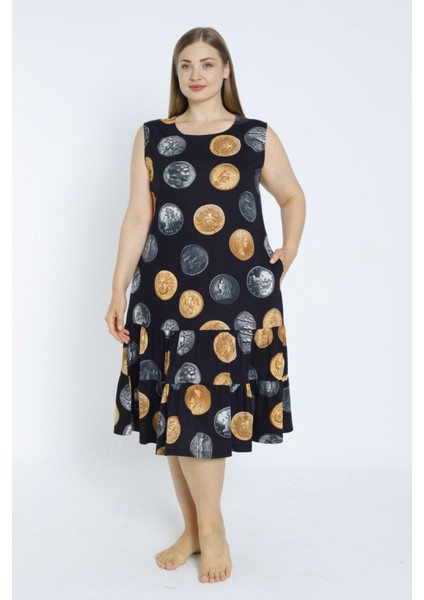 Siyah Para Desenli Askılı Cepli Pamuklu Elbise modelleri