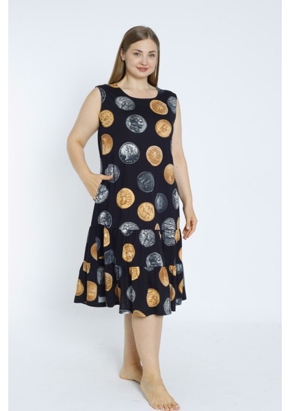Siyah Para Desenli Askılı Cepli Pamuklu Elbise fırsatları