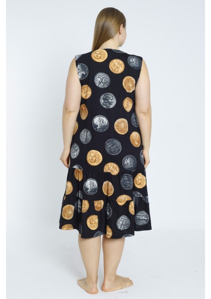 Siyah Para Desenli Askılı Cepli Pamuklu Elbise indirimleri