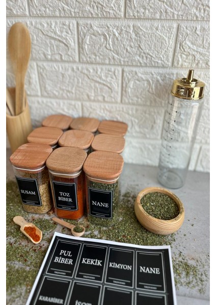 9'lu 250 ml Ahşap Kapaklı Vakumlu Etiketli Akrilik Baharatlık Takımı