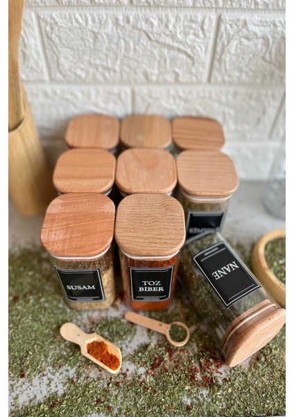 9'lu 250 ml Ahşap Kapaklı Vakumlu Etiketli Akrilik Baharatlık Takımı fiyatları