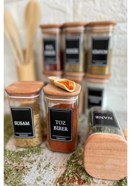 9'lu 250 ml Ahşap Kapaklı Vakumlu Etiketli Akrilik Baharatlık Takımı modelleri