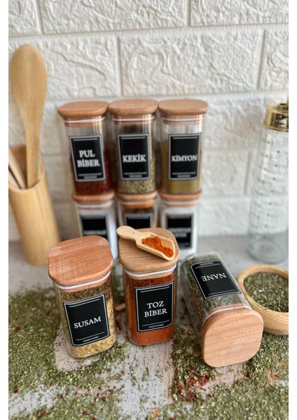 9'lu 250 ml Ahşap Kapaklı Vakumlu Etiketli Akrilik Baharatlık Takımı fırsatları