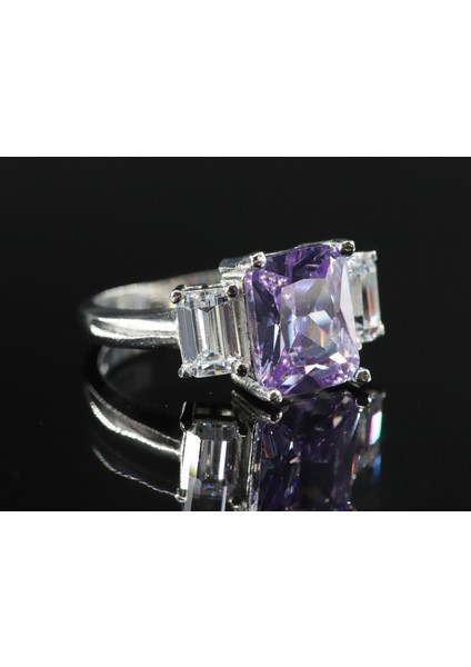 Baget Taşlı Gümüş Yüzük, Lila Gümüş Yüzük, Mor Kuvars Yüzük