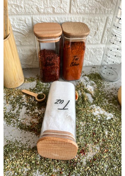 3'lü 300 ml Ahşap Kapaklı Vakumlu Şeffaf Etiketli Mika Baharatlık Takımı Saklama Kabı modelleri