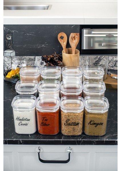 12'li 200 & 250 & 300 ml Vakumlu Her Boy Şeffaf Etiketli Akrilik Baharatlık Seti Saklama Kabı