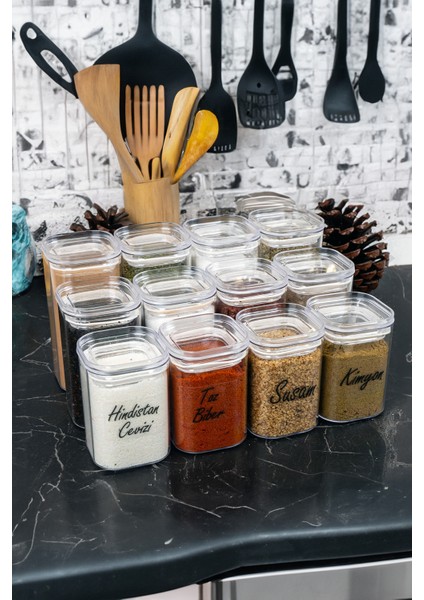 12'li 200 & 250 & 300 ml Vakumlu Her Boy Şeffaf Etiketli Akrilik Baharatlık Seti Saklama Kabı fiyatları