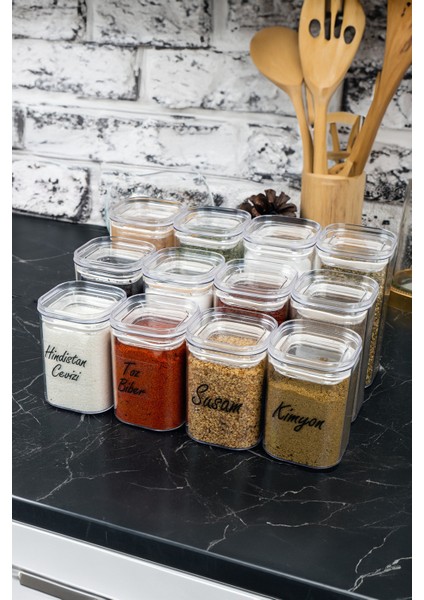 12'li 200 & 250 & 300 ml Vakumlu Her Boy Şeffaf Etiketli Akrilik Baharatlık Seti Saklama Kabı modelleri