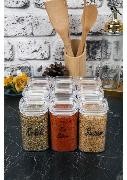 9'lu 250 ml Vakumlu Sızdırmaz Şeffaf Etiketli Akrilik Baharatlık Seti Saklama Kabı
