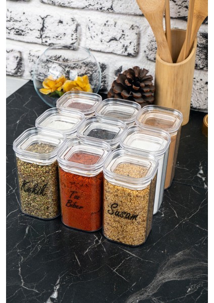 9'lu 250 ml Vakumlu Sızdırmaz Şeffaf Etiketli Akrilik Baharatlık Seti Saklama Kabı modelleri