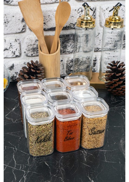 9'lu 250 ml Vakumlu Sızdırmaz Şeffaf Etiketli Akrilik Baharatlık Seti Saklama Kabı fırsatları