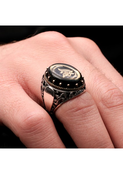 Hat Sanatlı Elhamdulillah Yazılı 925 Ayar Erkek Gümüş Yüzük