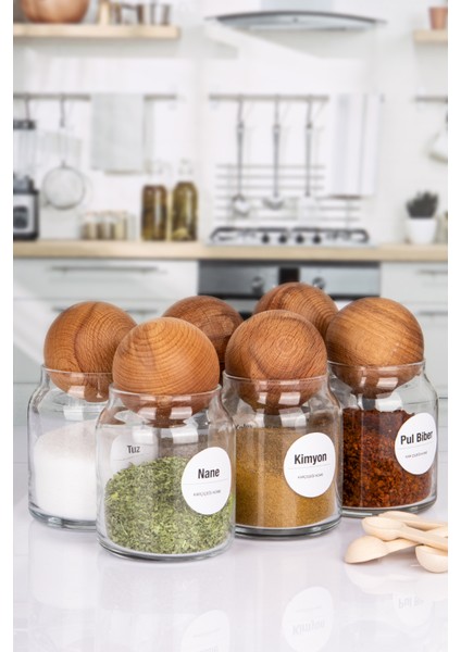 6'lı Mantar Top Ahşap Kapaklı Baharatlık Seti Baharat Etiketli Cam Kavanoz Seti Saklama Kabı 300 ml