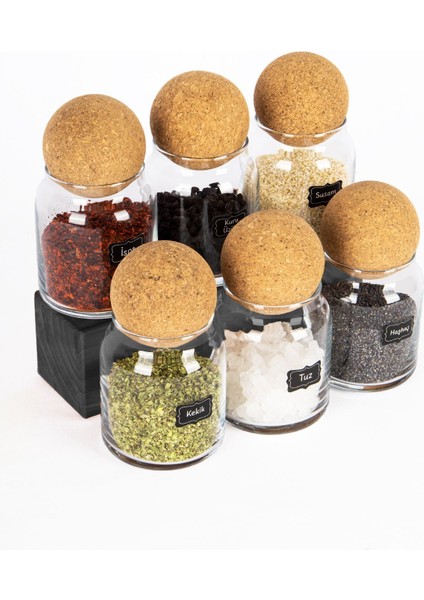 6'lı Mantar Top Ahşap Kapaklı Baharatlık Seti Baharat Etiketli Cam Kavanoz Seti Saklama Kabı 300 ml modelleri