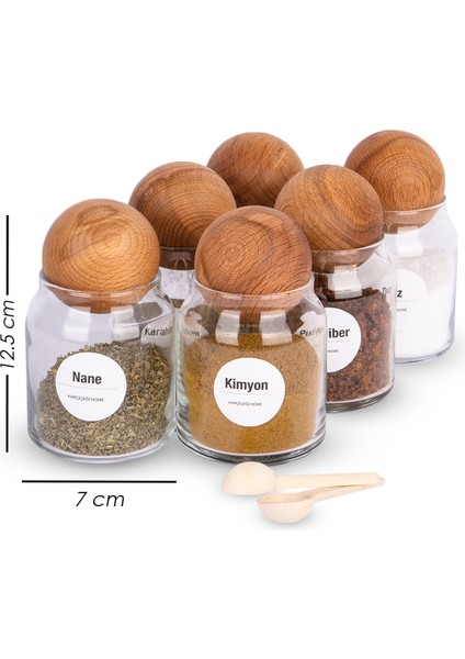 6'lı Mantar Top Ahşap Kapaklı Baharatlık Seti Baharat Etiketli Cam Kavanoz Seti Saklama Kabı 300 ml fırsatları