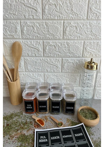 8'li 200 ml Vakumlu Şeffaf Kapaklı Etiketli Akrilik Baharatlık Takımı