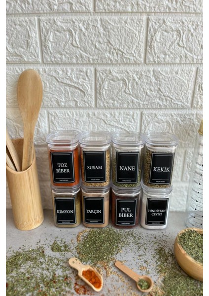 8'li 200 ml Vakumlu Şeffaf Kapaklı Etiketli Akrilik Baharatlık Takımı fiyatları