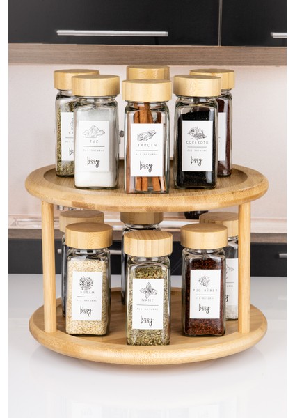 Cam 12'li Bambu Kapaklı Döner Standlı Baharat Takımı 251 - 299 ml 13