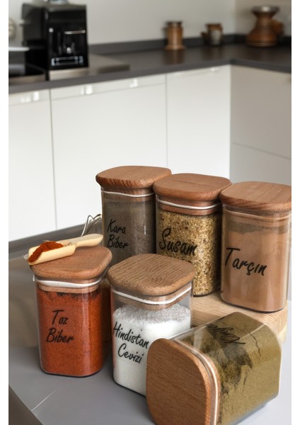 6'lı 200 ml Ahşap Kapaklı Vakumlu Şeffaf Etiketli Saklama Takımı Baharatlık Seti