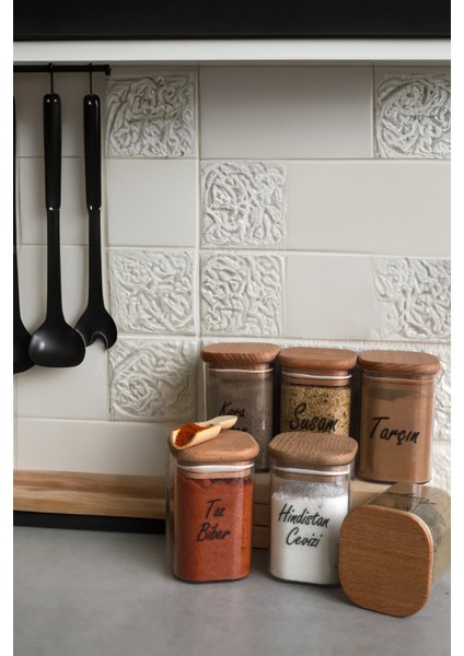 6'lı 200 ml Ahşap Kapaklı Vakumlu Şeffaf Etiketli Saklama Takımı Baharatlık Seti modelleri