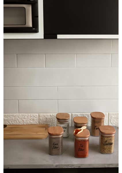 6'lı 200 ml Ahşap Kapaklı Vakumlu Şeffaf Etiketli Saklama Takımı Baharatlık Seti indirimleri
