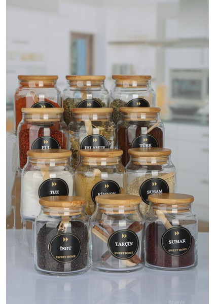 Etiketli, Vakumlu Kapaklı ve Kaşıklı 12'li Lüx Baharat Takımı 300ML