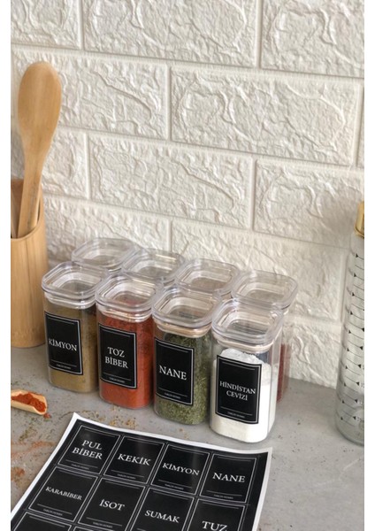 8'li 250 ml Vakumlu Şeffaf Kapaklı Etiketli Akrilik Mika Baharatlık Takımı