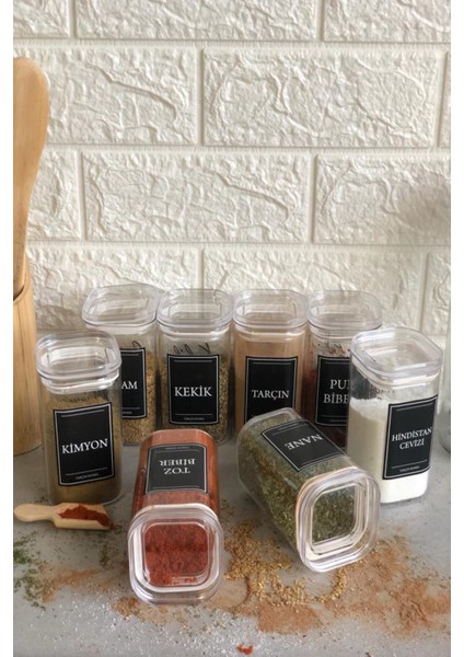 8'li 250 ml Vakumlu Şeffaf Kapaklı Etiketli Akrilik Mika Baharatlık Takımı modelleri