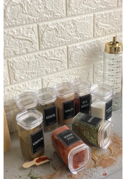 8'li 250 ml Vakumlu Şeffaf Kapaklı Etiketli Akrilik Mika Baharatlık Takımı indirimleri