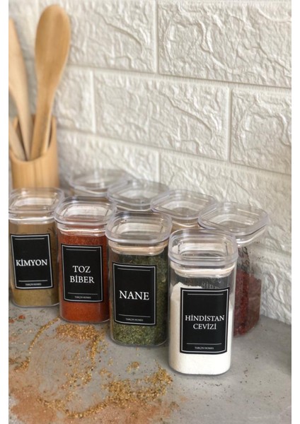 8'li 250 ml Vakumlu Şeffaf Kapaklı Etiketli Akrilik Mika Baharatlık Takımı