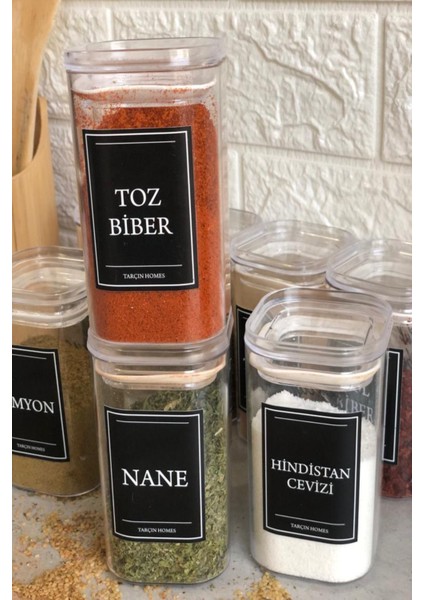 8'li 250 ml Vakumlu Şeffaf Kapaklı Etiketli Akrilik Mika Baharatlık Takımı
