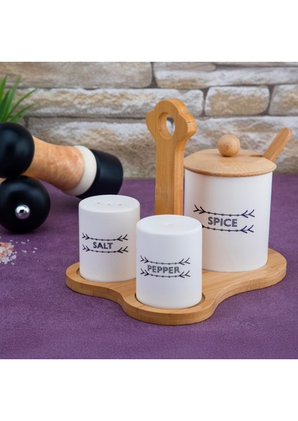 3'lü Ahşap Standlı Tuzluk Baharatlık, Tuzluk Karabiberlik Tutma Kulplu Stand