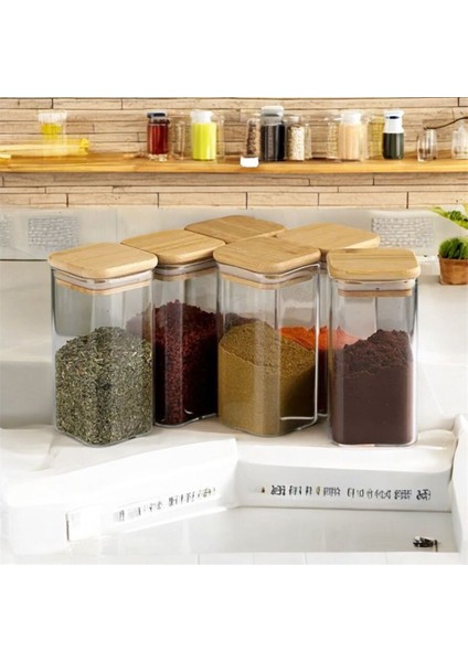 6 Adet Kare Ahşap Vakumlu Kapaklı Akrilik Baharatlık Seti 300 ml Etiket Hediyeli fiyatları