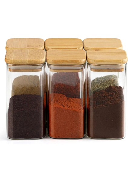 6 Adet Kare Ahşap Vakumlu Kapaklı Akrilik Baharatlık Seti 300 ml Etiket Hediyeli modelleri