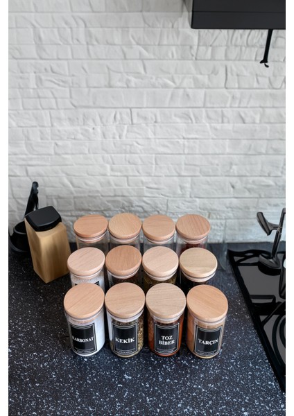 12'li 200 & 250 & 300 ml Her Boy Ahşap Kapaklı Vakumlu Damla Model Etiketli Mika Baharatlık Seti