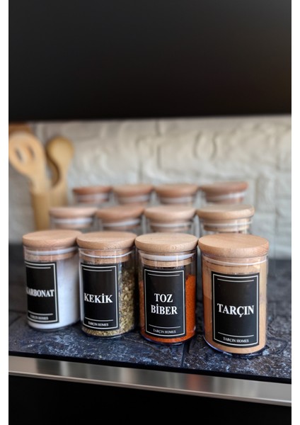 12'li 200 & 250 & 300 ml Her Boy Ahşap Kapaklı Vakumlu Damla Model Etiketli Mika Baharatlık Seti fiyatları