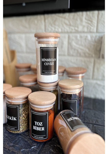 12'li 200 & 250 & 300 ml Her Boy Ahşap Kapaklı Vakumlu Damla Model Etiketli Mika Baharatlık Seti modelleri