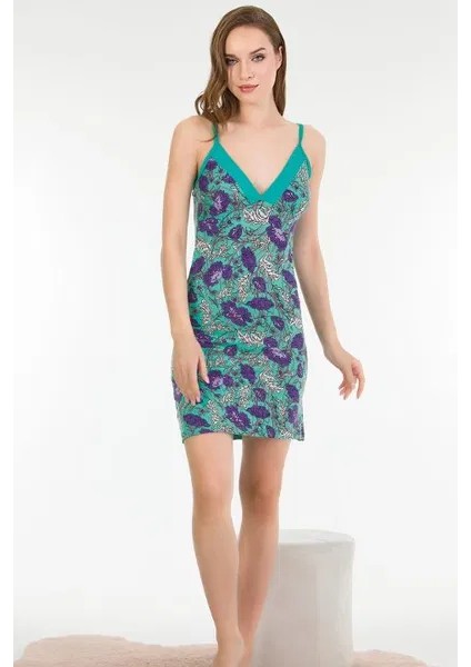 Lady Ip Askılı Yeşil Pamuklu Çiçekli Gecelik