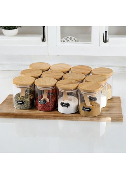 12'li Bambu Kapaklı Baharatlık Seti Etiket+Kaşık Hediyeli 200 ml