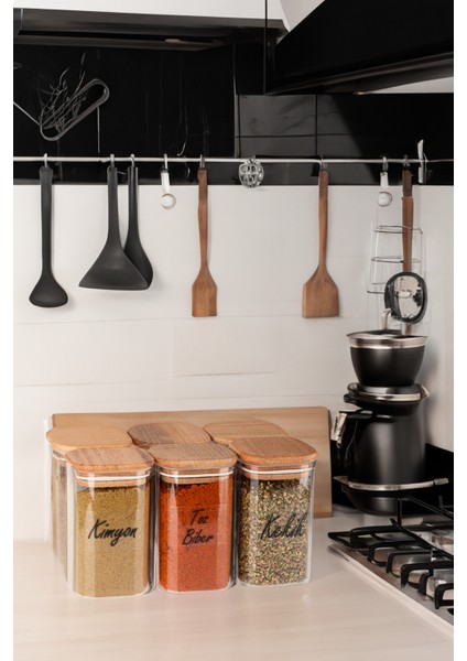 6'lı 250 ml Vakumlu Sızdırmaz Ahşap Kapaklı Şeffaf Etiketli Akrilik Baharatlık Seti Saklama Kabı