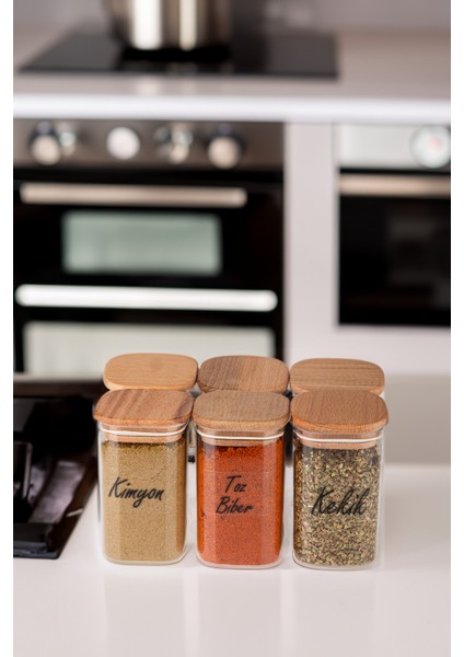 6'lı 250 ml Vakumlu Sızdırmaz Ahşap Kapaklı Şeffaf Etiketli Akrilik Baharatlık Seti Saklama Kabı fiyatları
