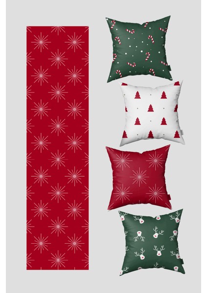 Yeşil Kırmızı Çam Ağacı ve Baston Şeker Yılbaşı 4 Kırlent Kılıfı 1 Runner Seti