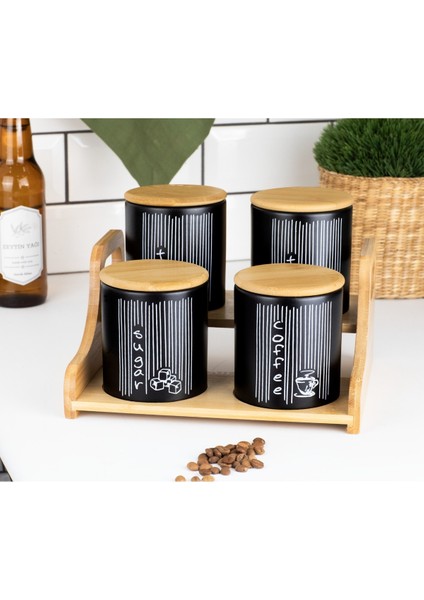 4'lü Siyah Seramik Çay,kahve,şeker Kavanoz Seti, Ahşap Stantlı 4 Adet Seramik Kavanoz Bambu Kapaklı